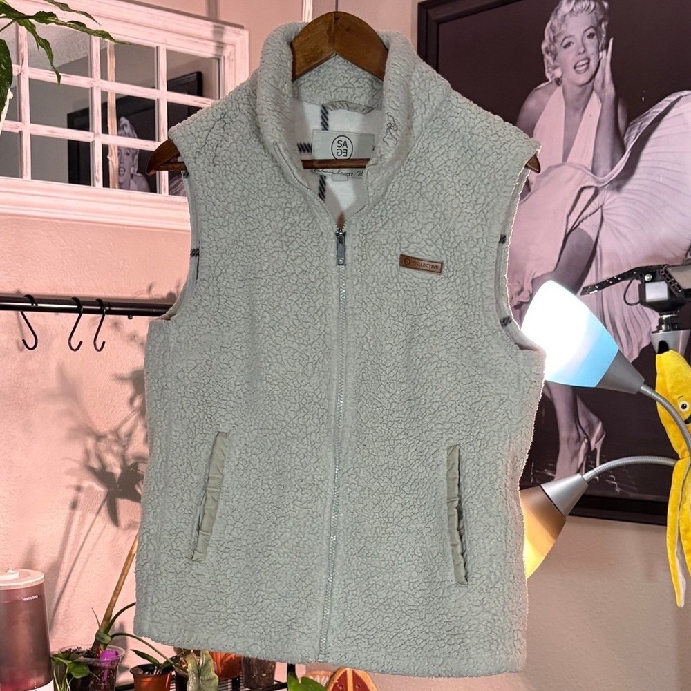 Sage Collective Sherpa Fleece Vest Womens Small Cream Full Zip Plaid Lined Cozy - Picture 2 of 6